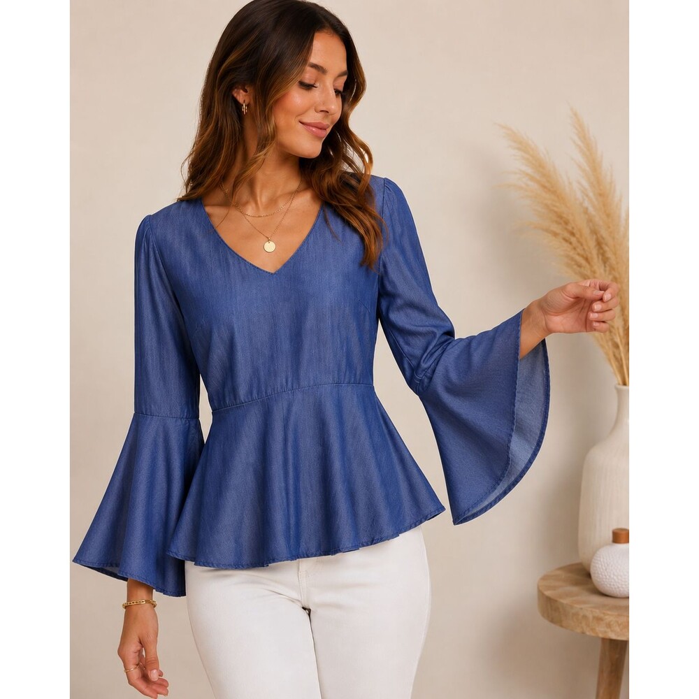 White House Black Market Blue Lyocell Empire Top Bell Sleeve Boho Feminine Sz 6